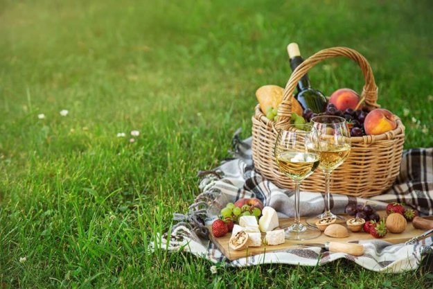 Picnic setting with  two glasses of white wine,  cheese, fruits Picnic setting with two glasses of white wine, cheese, fruits and basket. Outdoor, green lawn
