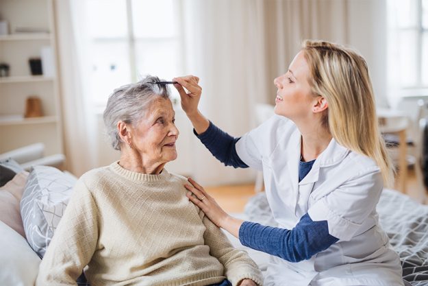 A health visitor combing hair of senior woman at home A health visitor combing hair of senior woman at home