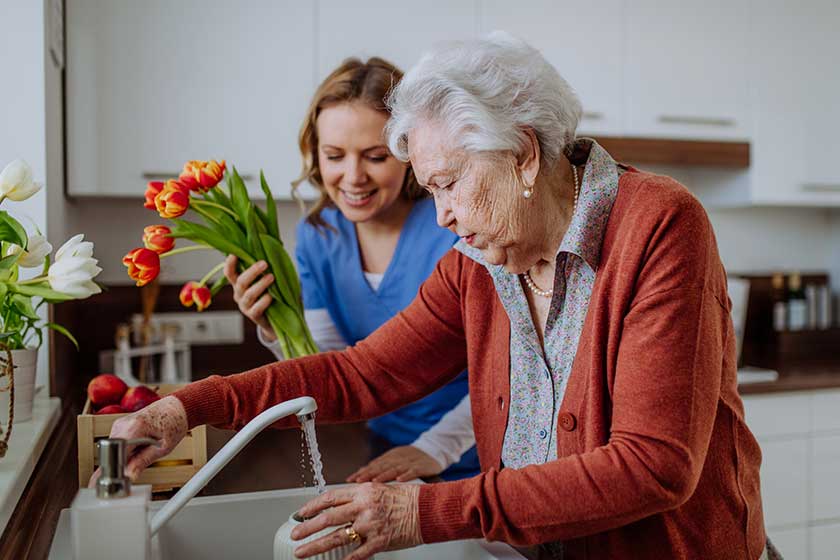Senior woman and nurse giving a water to tulip bouquet