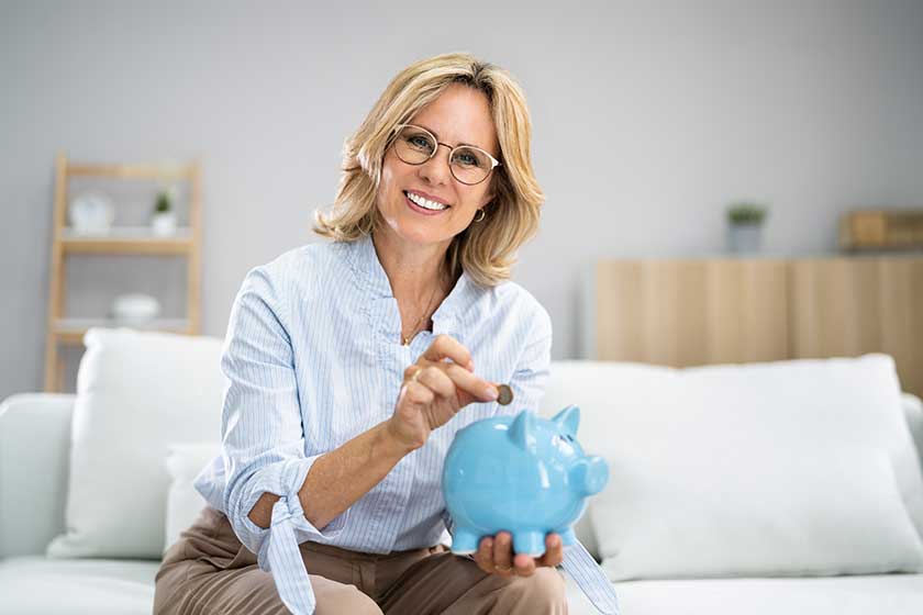 Happy Money Saving Woman With Piggy Bank Security Happy Money Saving Woman With Piggy Bank Security