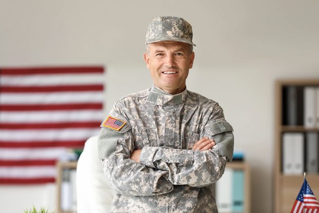 Mature male soldier in headquarters building