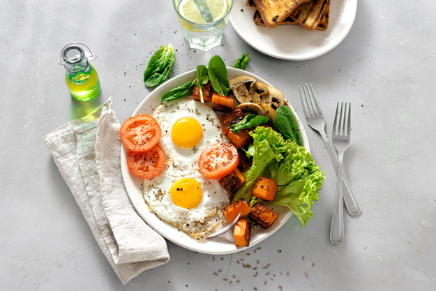 top-view-breakfast-table-breakfast-plate-fried-eggs-vegetables-mushrooms top-view-breakfast-table-breakfast-plate-fried-eggs-vegetables-mushrooms